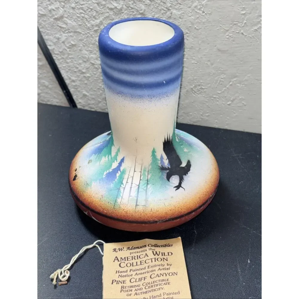 RWA Eagles Hand Printed Native American Handmade Pottery Vase 5.5” Tall 1999